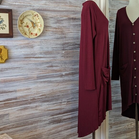 Long Cardigan High Low Button Down Lightweight Maroon Size XL - Picture 7 of 12